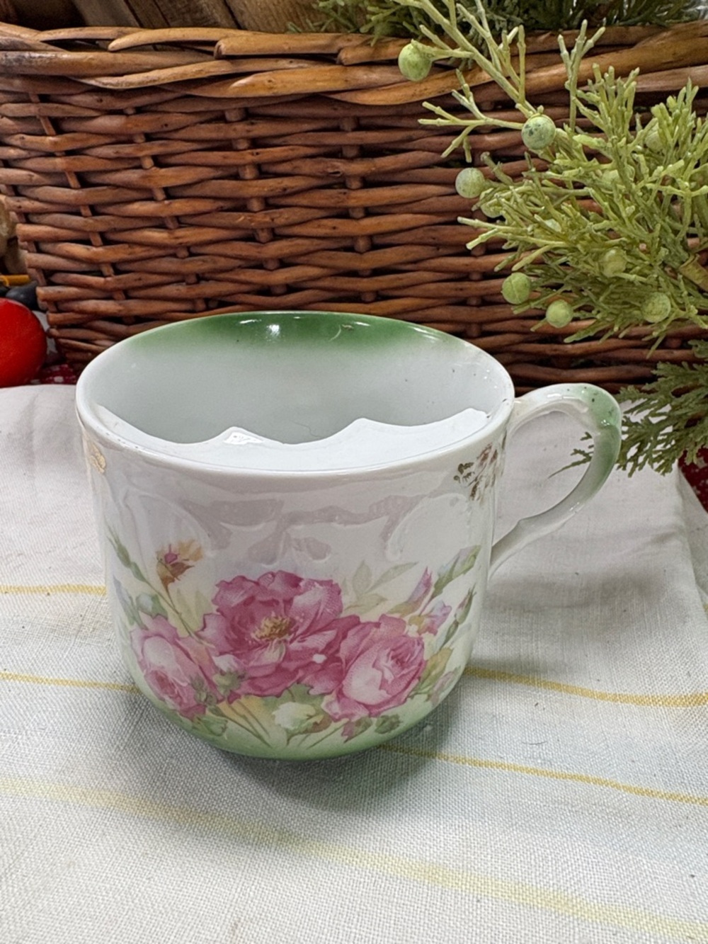 vintage German porcelain shaving mug a green rim and hand-painted pink roses